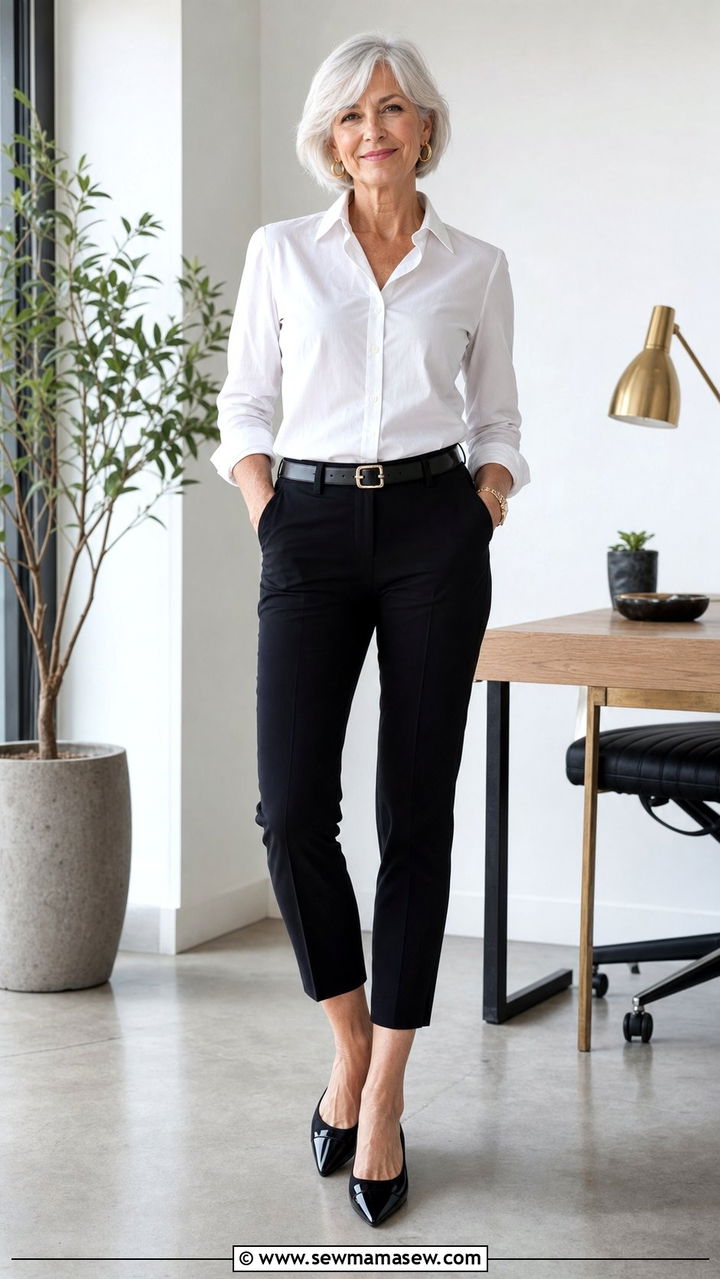 Crisp White Button Down With Black Slim Trousers and Pointed Flats - 35 Business casual outfits for women over 60