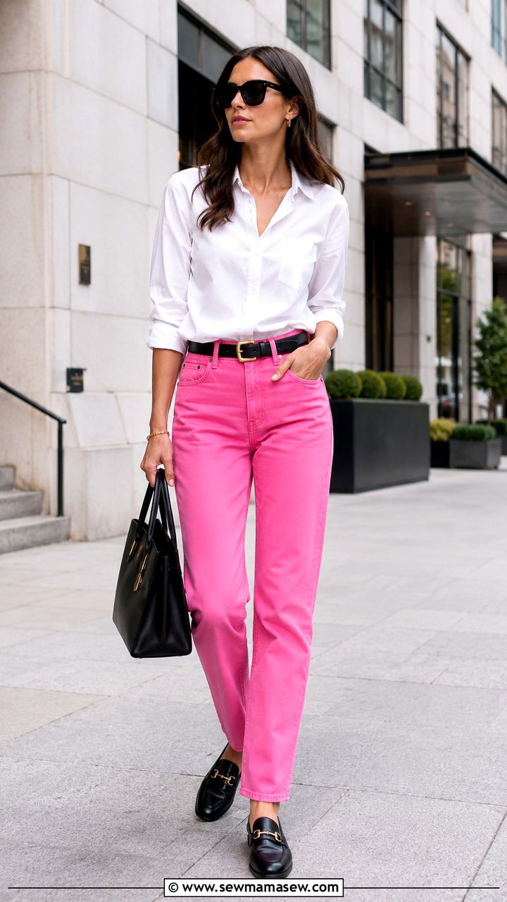 Crisp White Button Down With Pink Jeans and Loafers - 30 Pink jeans outfit ideas