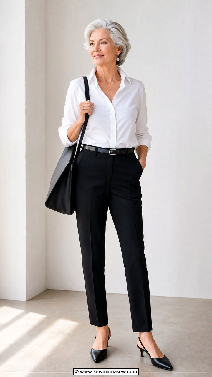 Crisp White Button Down with Black Slim Trousers - 30 Elegant outfits for older women