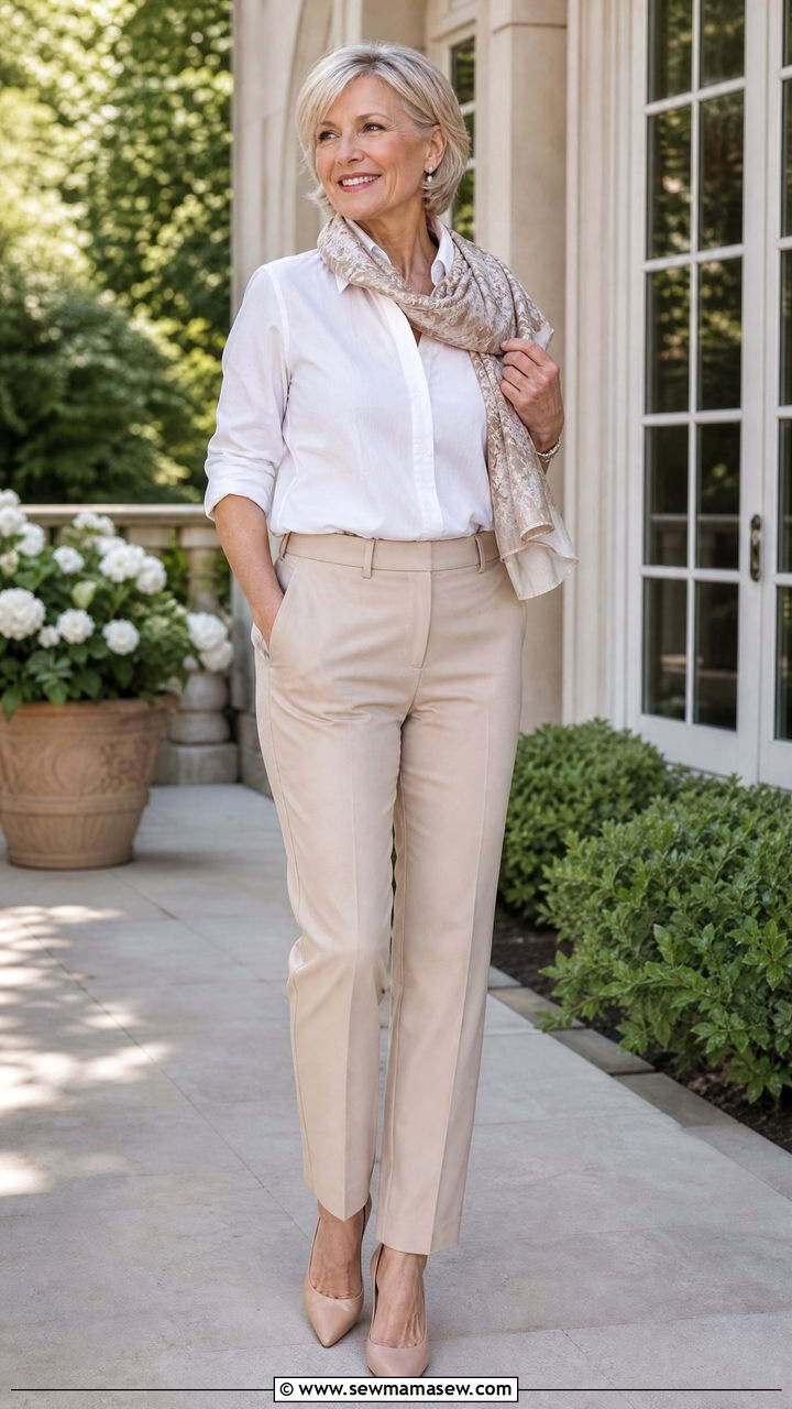 Crisp White Button Down with Tailored Beige Trousers - 30 Quiet luxury outfits for women over 50