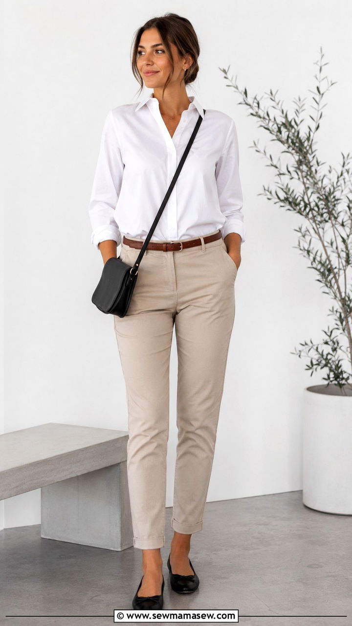 Crisp White Button Down with Tailored Chinos and Ballet Flats Outfit - 30 Business casual outfits for Fridays