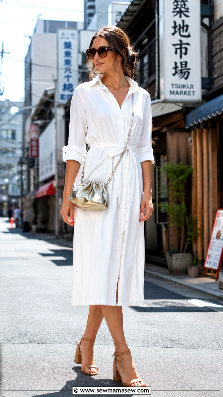 Crisp White Shirt Dress With Block Heel Sandals - 30 Tokyo outfit ideas