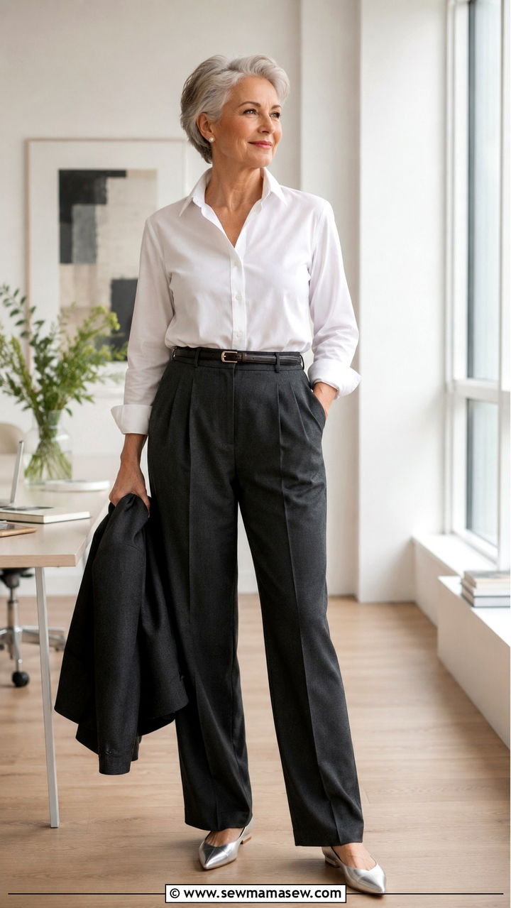 Crisp White Shirt with Pleated Trousers Outfit - 30 Chic outfit ideas for women over 60