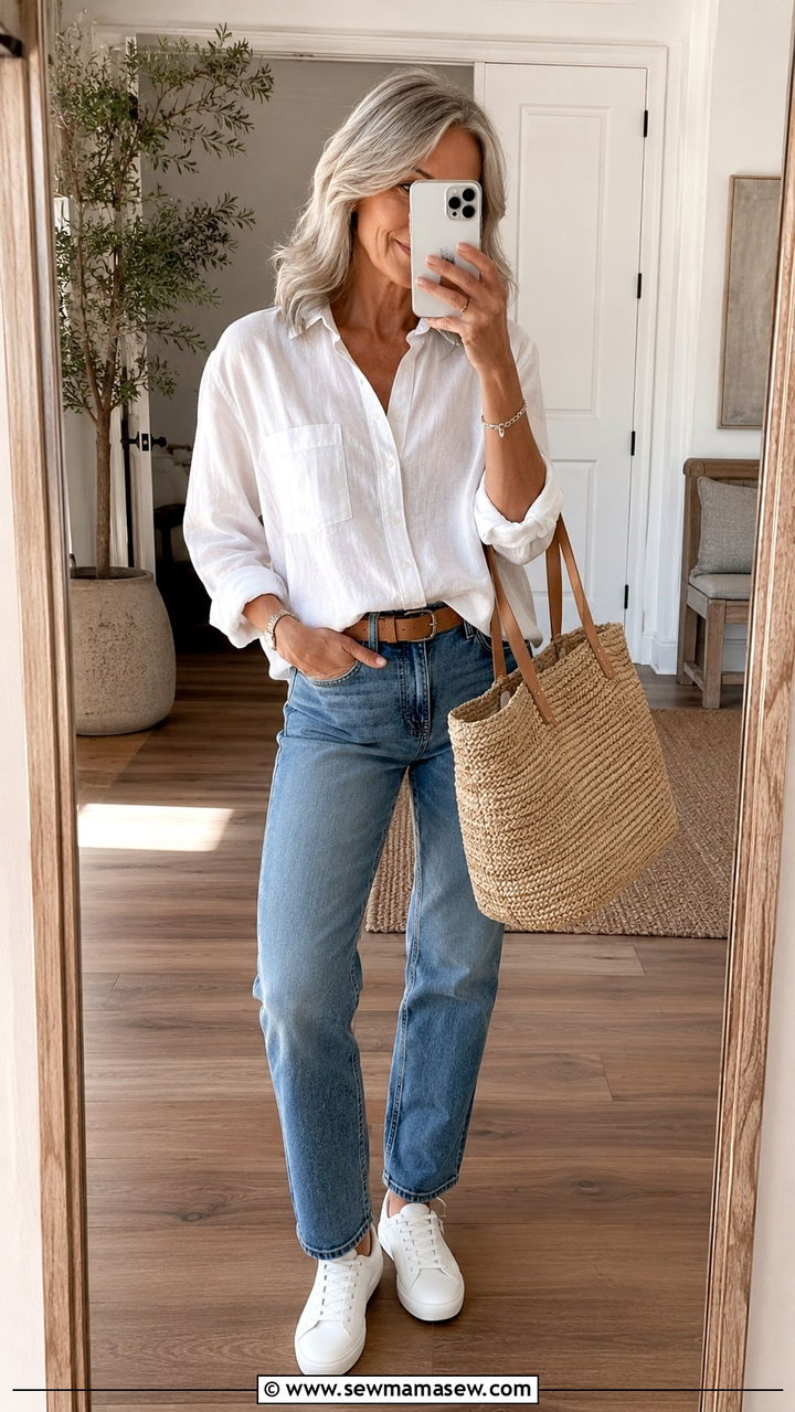 Crisp White Shirt with Straight Leg Jeans - 20 Iconic outfits for women over 60