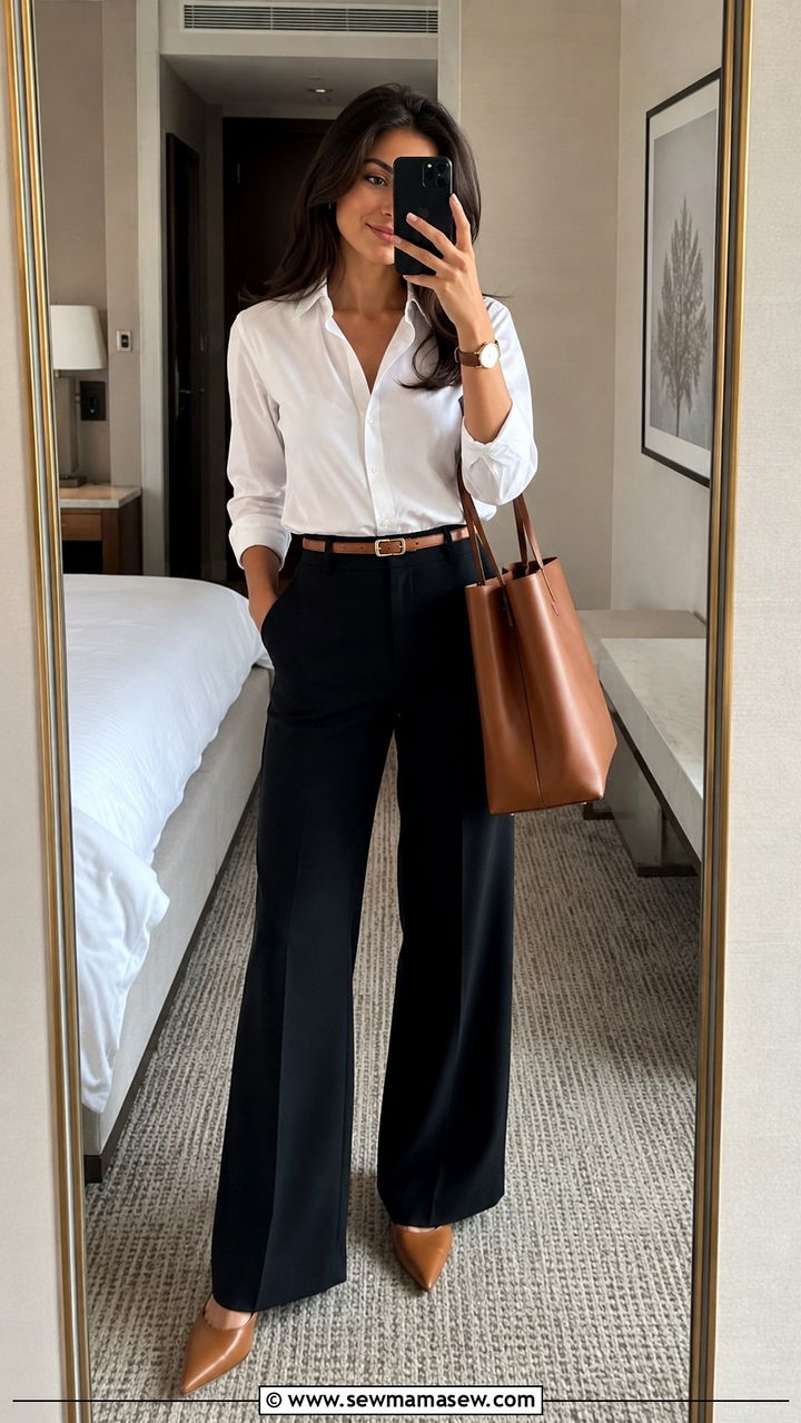 Crisp White Shirt with Tailored Trousers and Leather Belt - 25 Quiet luxury outfit ideas for travel