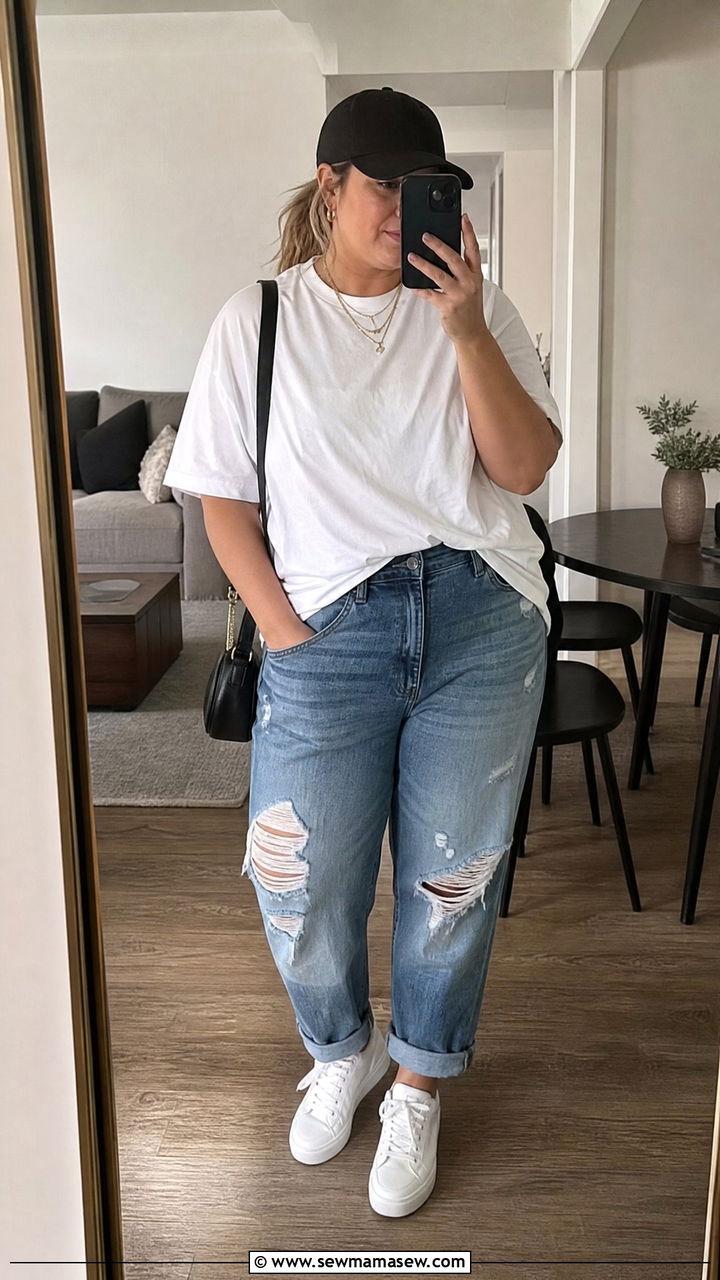 Crisp White Tee and Distressed Boyfriend Jeans - 30 Clean girl outfits plus size