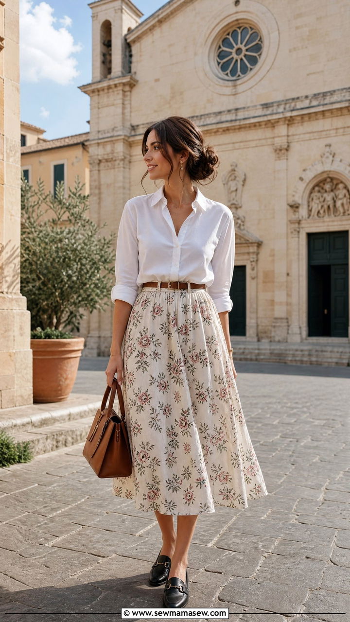 Crisp white button down and midi skirt with belt - 35 Italy spring outfit ideas