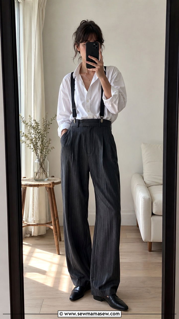 Crisp white button down with wide leg pinstripe trousers - 20 French girl outfit ideas Francoise Hardy