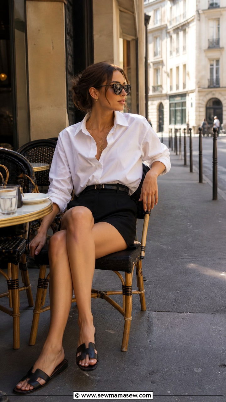 Crisp white shirt with black tailored shorts outfit - 40 Paris outfits