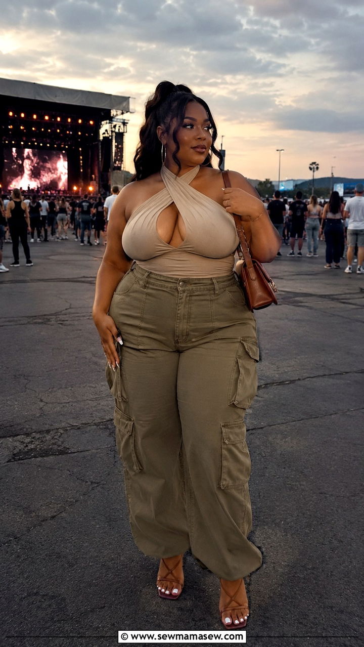Criss Cross Halter Top With Cargo Pants And Heeled Sandals - 30 Plus size concert outfit ideas