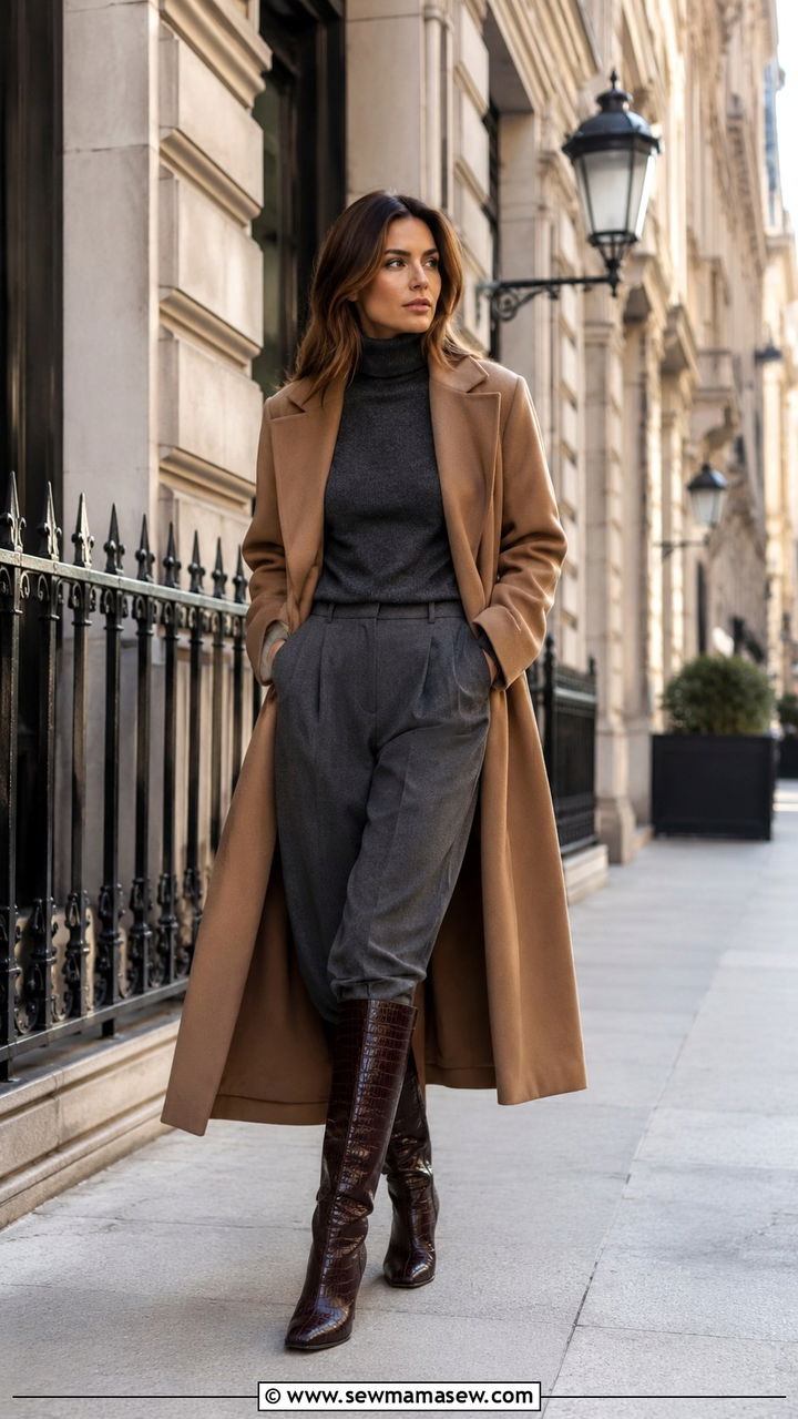 Croc Embossed Knee High Boots With Wide Leg Trousers - 30 Knee high boot outfit ideas