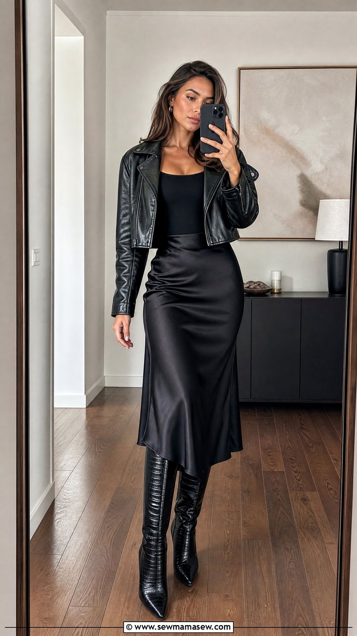Croc Embossed Knee High Boots with a Satin Slip Skirt - 25 Knee high boots outfit ideas with a skirt
