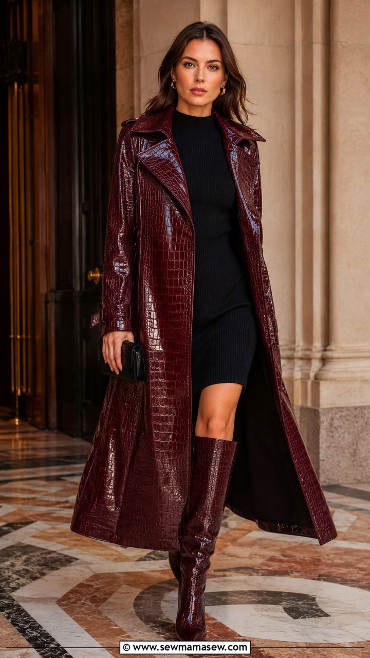 Croc Embossed Trench Coat And Croc Effect Boots - 30 Long trench coat outfit ideas with boots