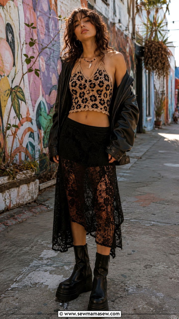 Crochet Animal Print Halter with Lace Skirt and Leather Jacket - 30 casual grunge outfits