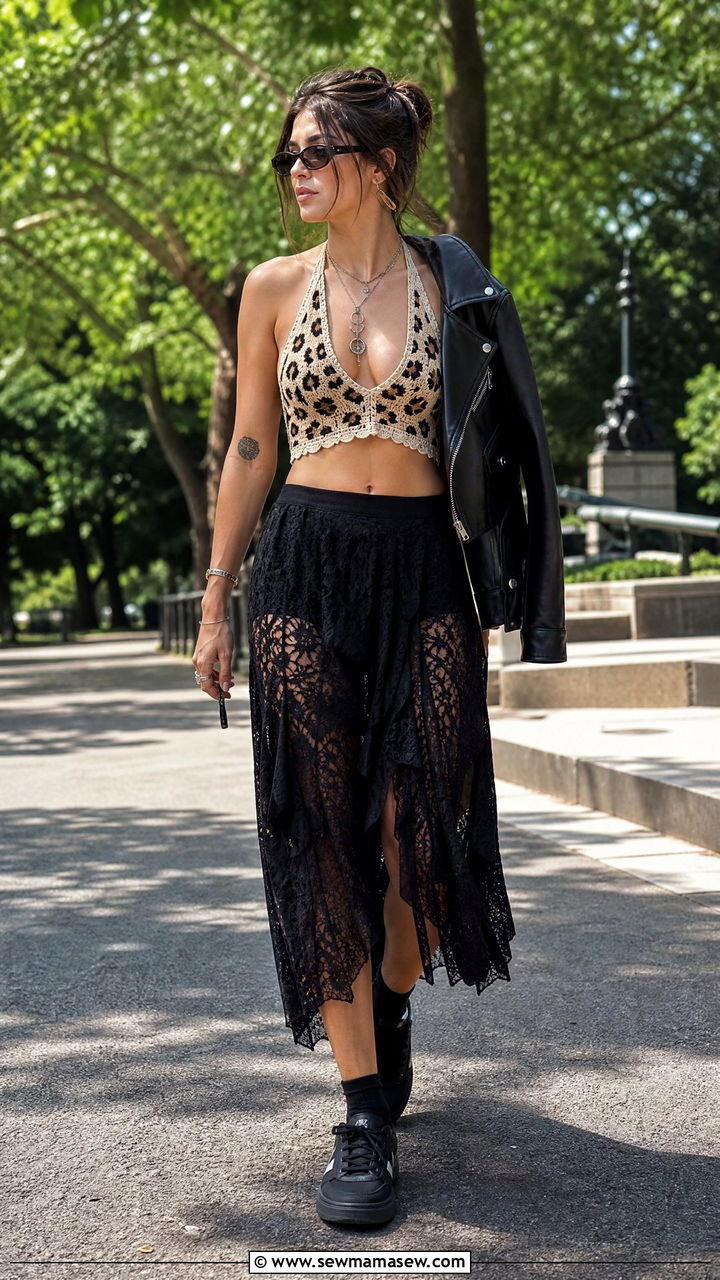 Crochet Animal Print Top and Lace Skirt Outfit - 30 Edgy summer outfits