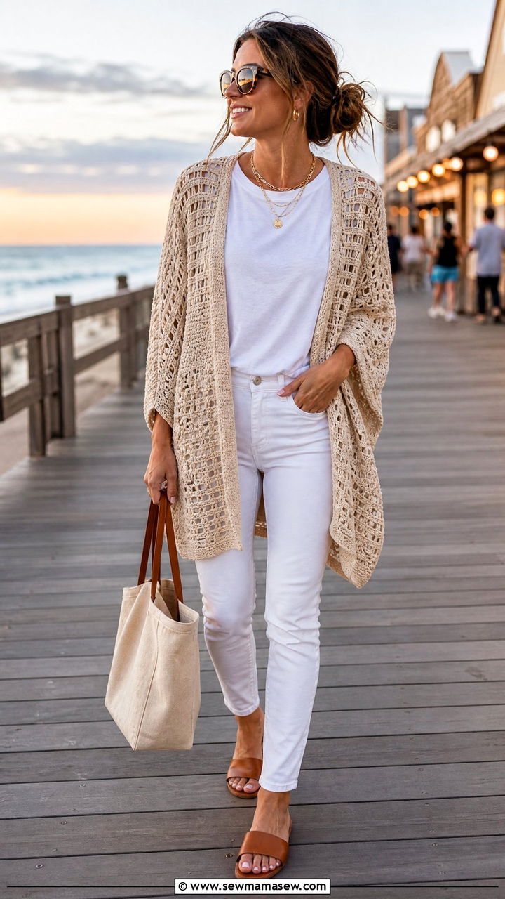 Crochet Beach Cardigan With a T Shirt and White Jeans - 30 Crochet cover up outfit ideas