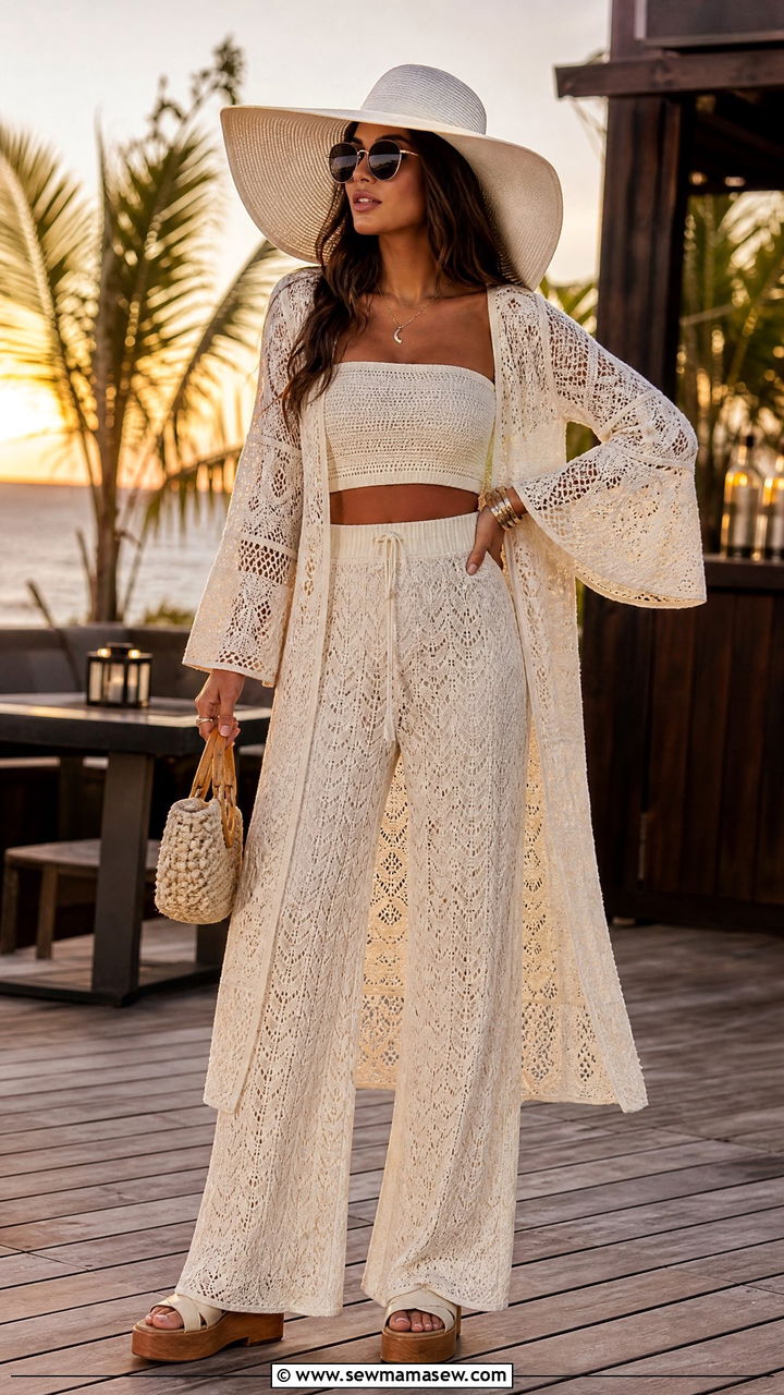 Crochet Bell Sleeve Cover Up With Palazzo Pants - 30 Crochet cover up outfit ideas