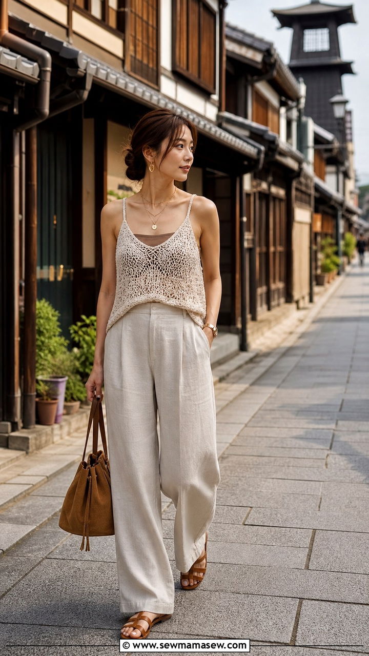 Crochet Camisole and Wide Leg Trousers Outfit - 40 Summer Japan outfit ideas