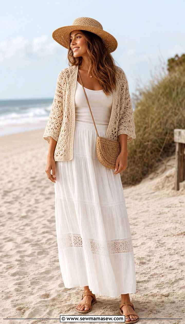 Crochet Cardigan And White Maxi Skirt Summer Look - 25 summer lightweight cardigan outfit ideas