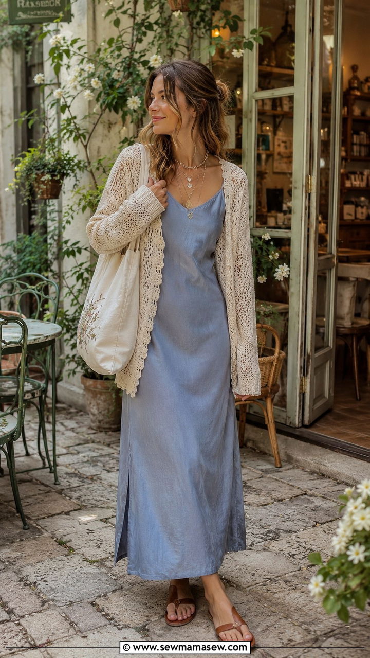 Crochet Cardigan Over A Slip Dress - 30 casual fairycore outfits