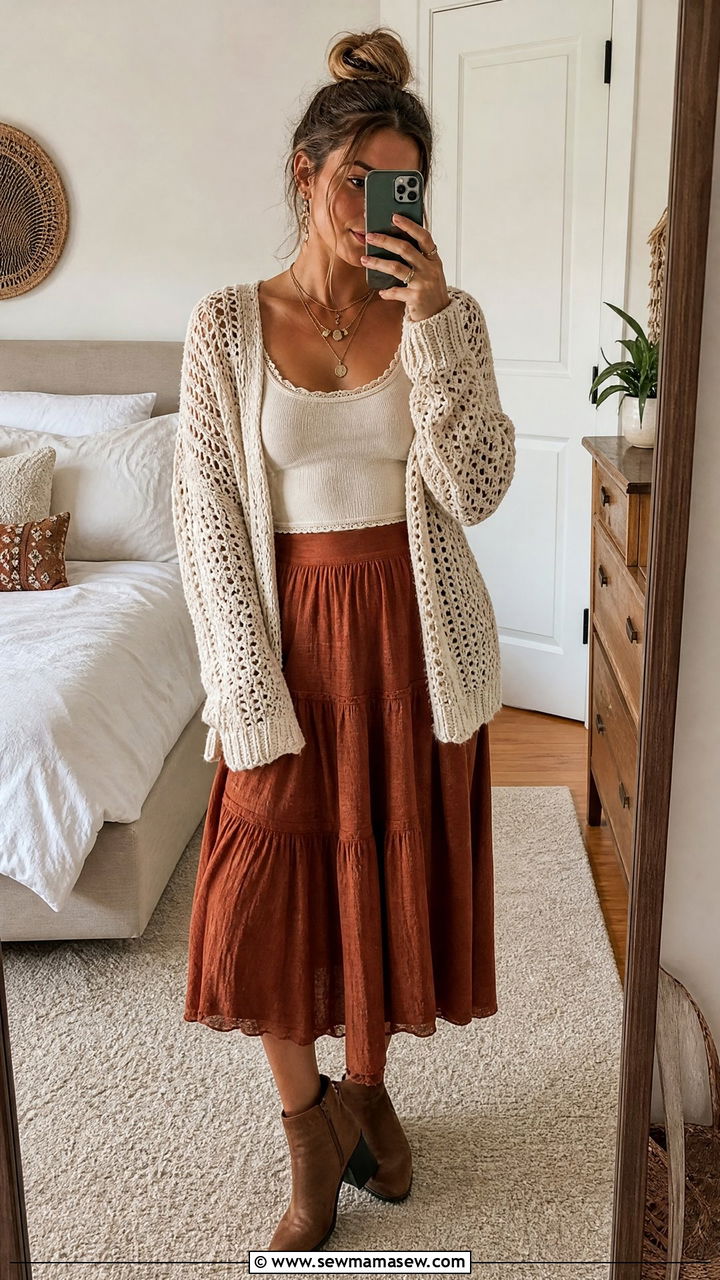 Crochet Cardigan Over Fitted Tank And Midi Skirt - 25 Free People boho outfit ideas