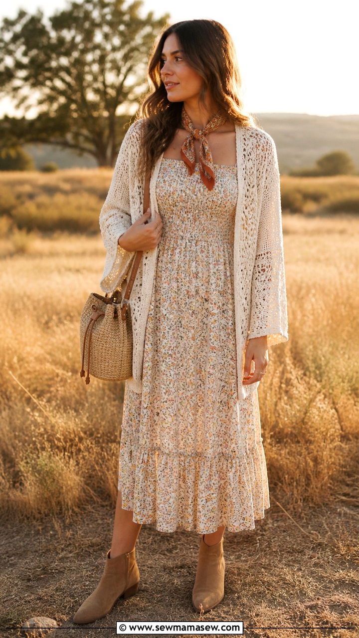 Crochet Cardigan Over Floral Dress - 40 Boho outfit ideas