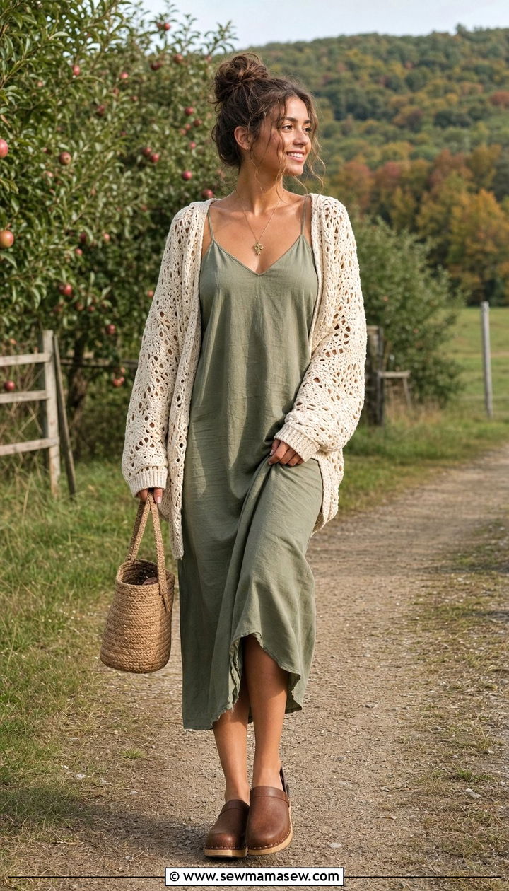 Crochet Cardigan Over Slip Dress - 25 cottagecore capsule wardrobe outfits