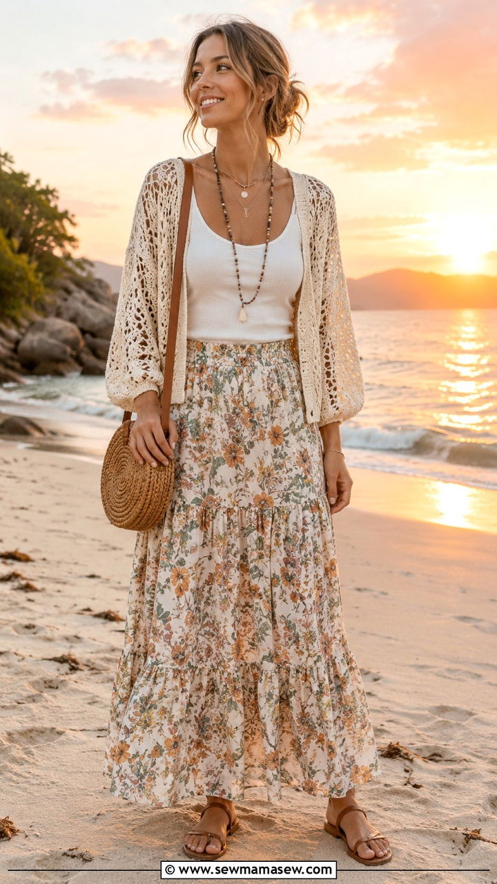 Crochet Cardigan Over Tank Top And Maxi Skirt Outfit - 30 Layering outfit ideas