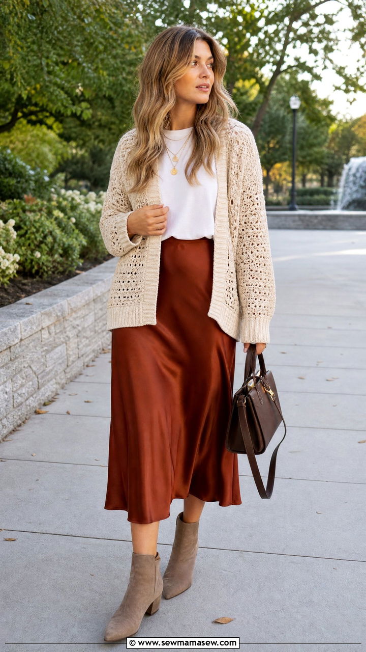 Crochet Cardigan Over Tee And Satin Midi Skirt - 35 Modern boho outfit ideas