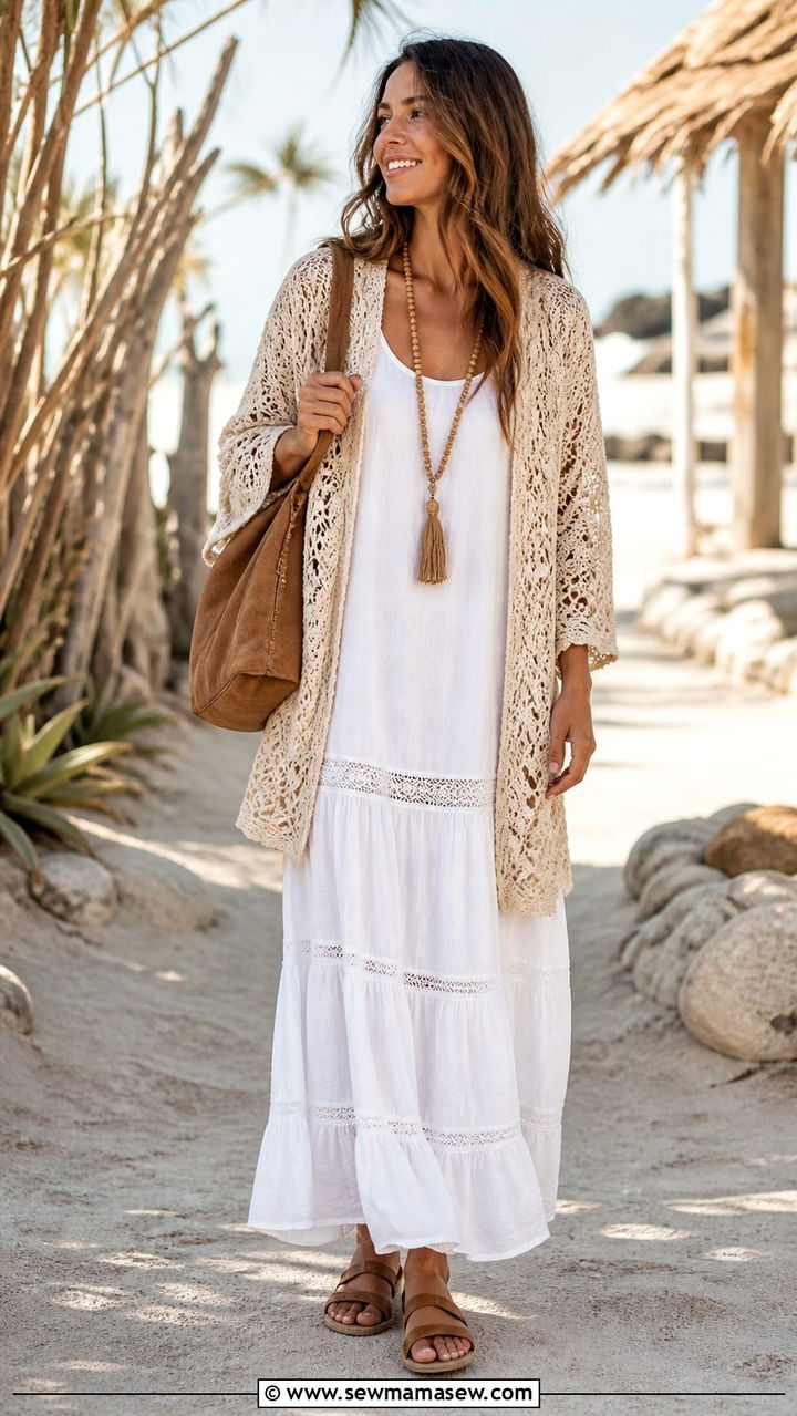Crochet Cardigan Over White Maxi Dress - 40 boho chic outfits