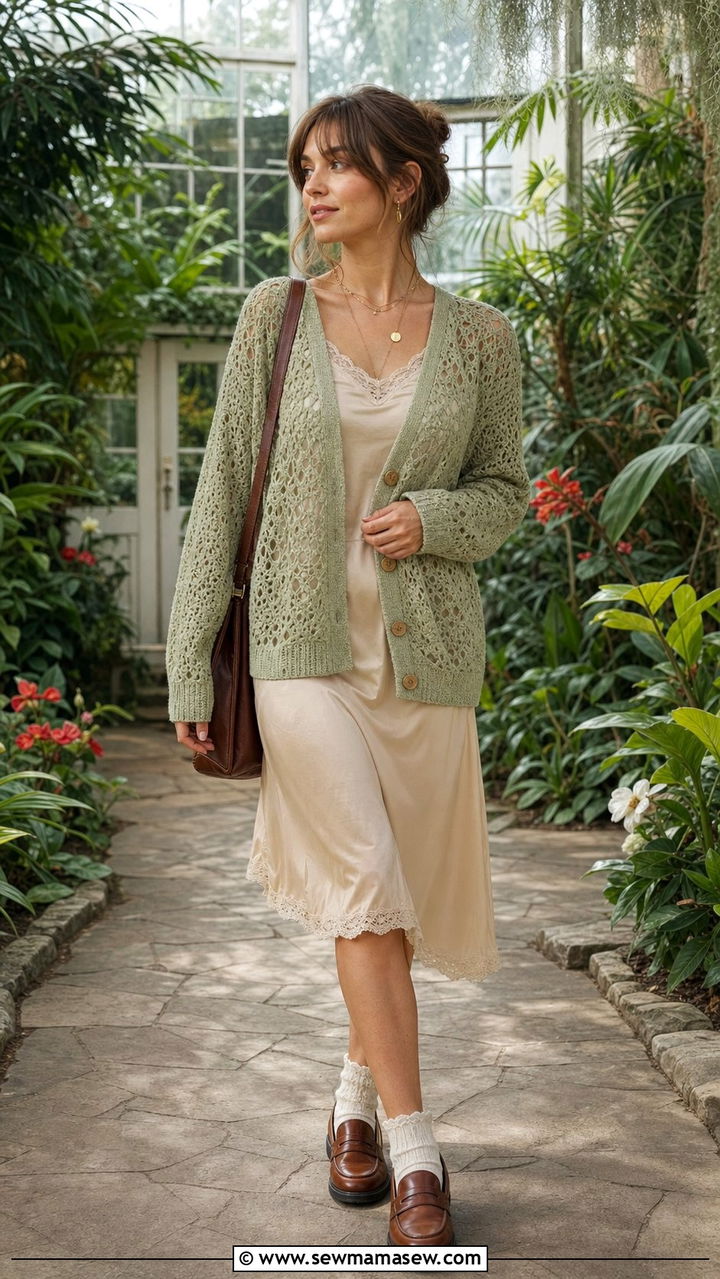 Crochet Cardigan Over a Slip Dress - 25 spring fairycore outfits