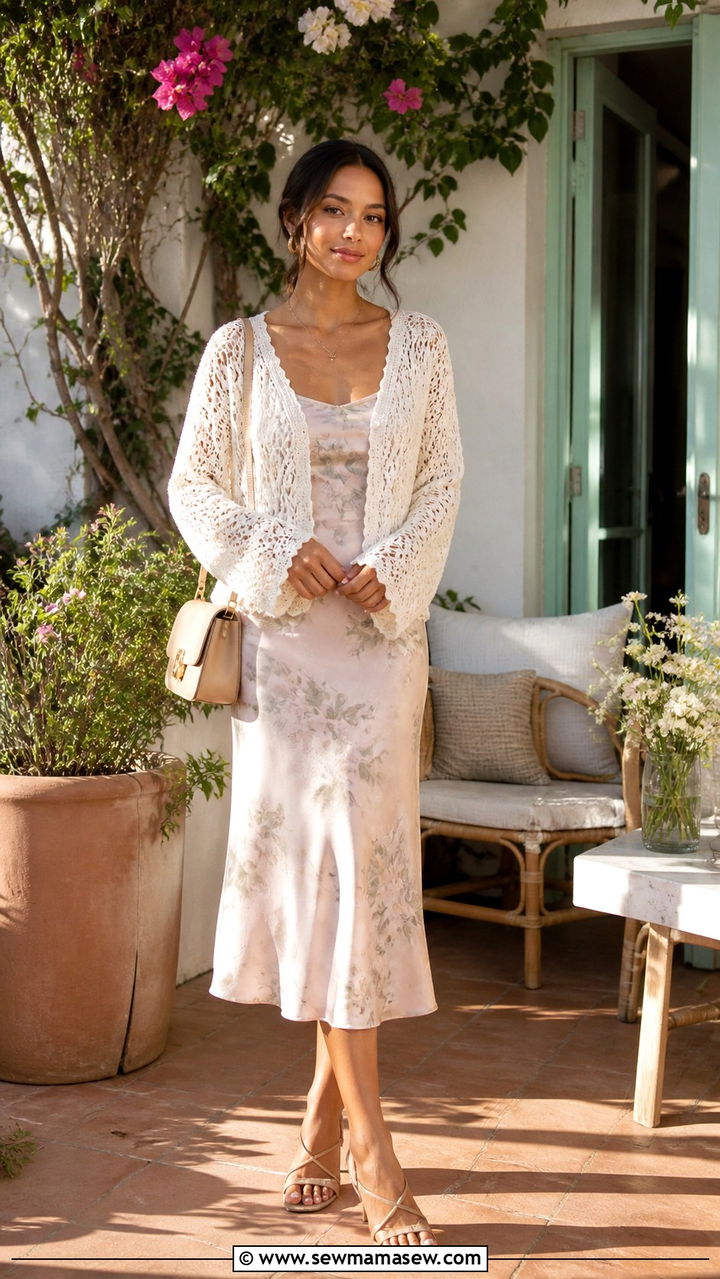 Crochet Cardigan Over a Slip Dress - 40 First day of spring outfits