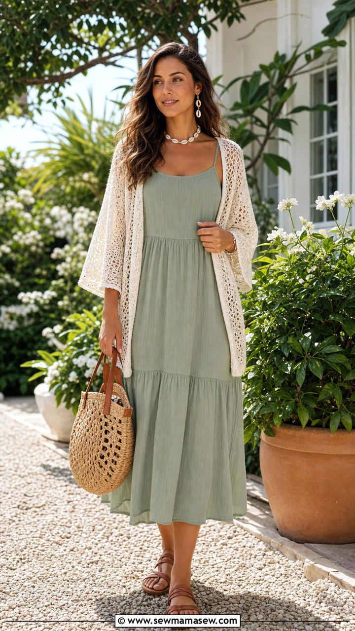 Crochet Cardigan Over a Sundress - 25 Summer layering outfits