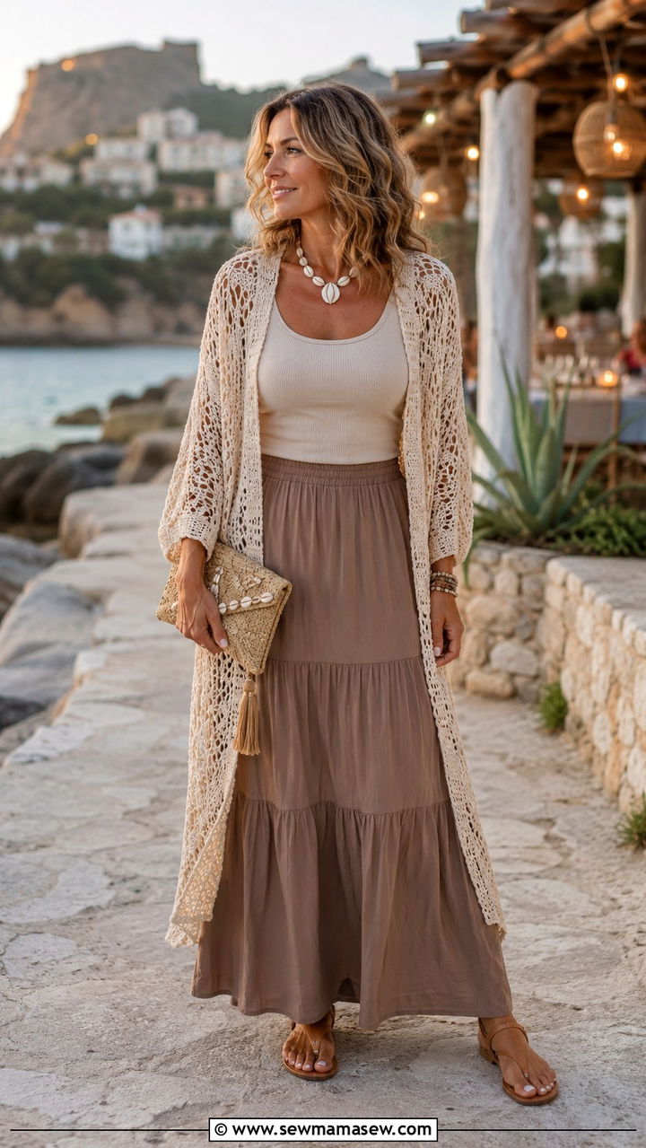 Crochet Cardigan Over a Tank and Maxi Skirt - 30 boho chic outfit ideas for women over 40