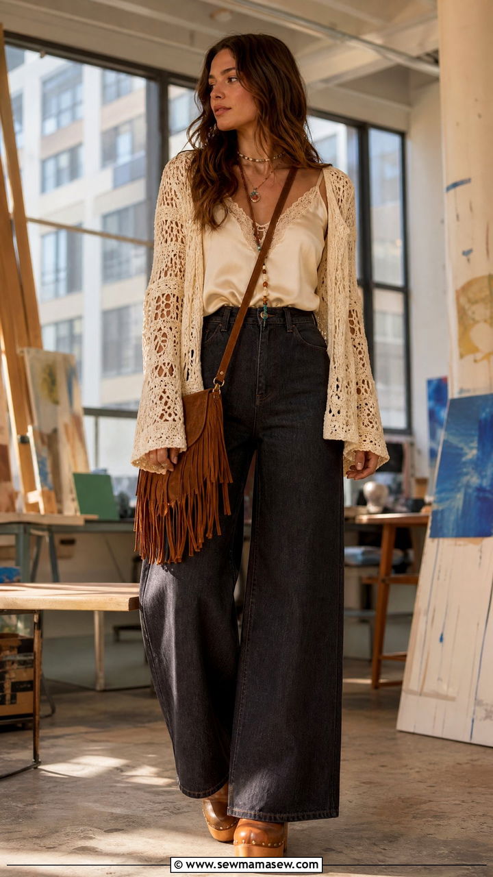 Crochet Cardigan With Cami And Trouser Jeans Outfit - 30 College outfit ideas trendy 2026
