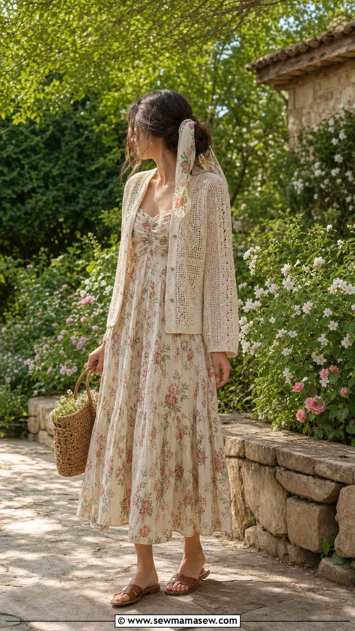 Crochet Cardigan With Floral Midi Dress and Flat Sandals - 25 Eclectic grandpa outfit ideas