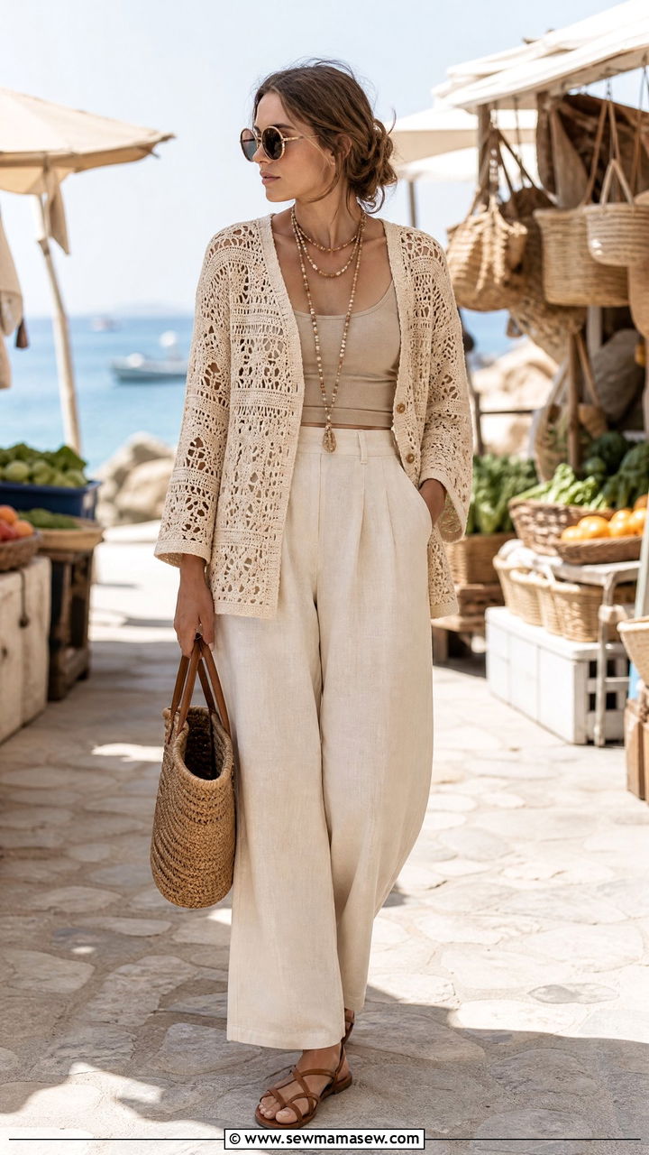 Crochet Cardigan With High Waisted Linen Trousers and Strappy Sandals - 20 Eclectic grandpa outfit ideas women