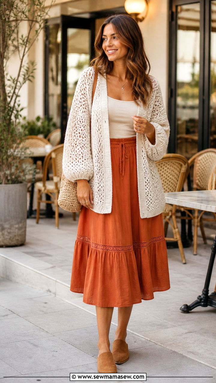 Crochet Cardigan With Midi Skirt Boho Look - 20 Boho outfit ideas Free People style