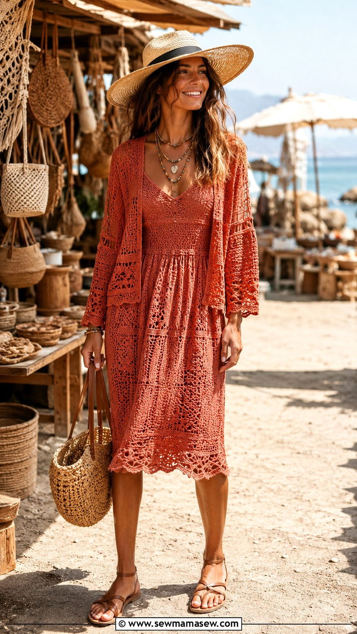 Crochet Cardigan and Summer Sundress Set - 30 Cardigan and dress matching set outfit ideas