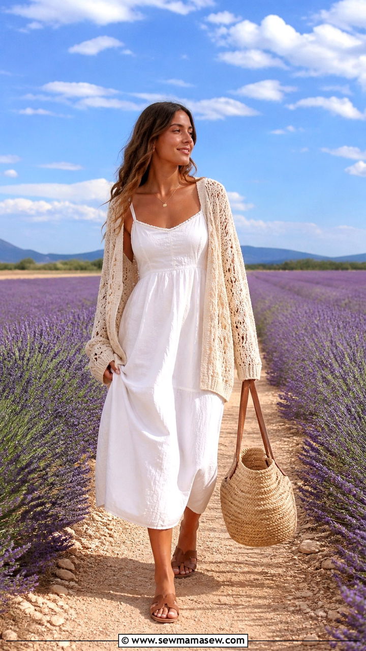 Crochet Cardigan with Cami Dress and Flat Sandals - 40 Europe travel outfits