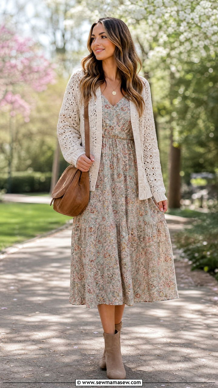 Crochet Cardigan with Floral Midi Dress - 35 Hippie outfit ideas