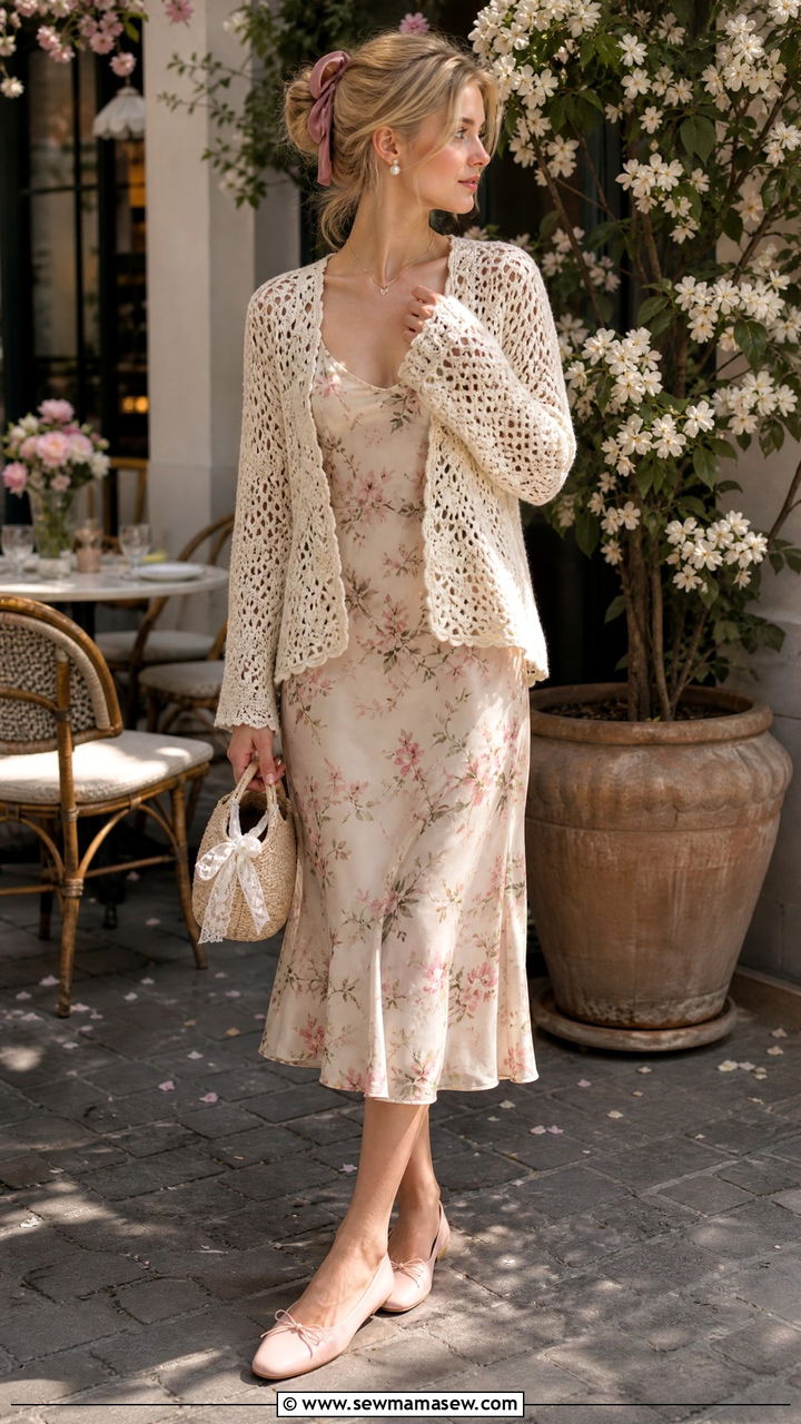 Crochet Cardigan with Slip Dress and Ballet Flats - 30 Cottagecore spring outfits