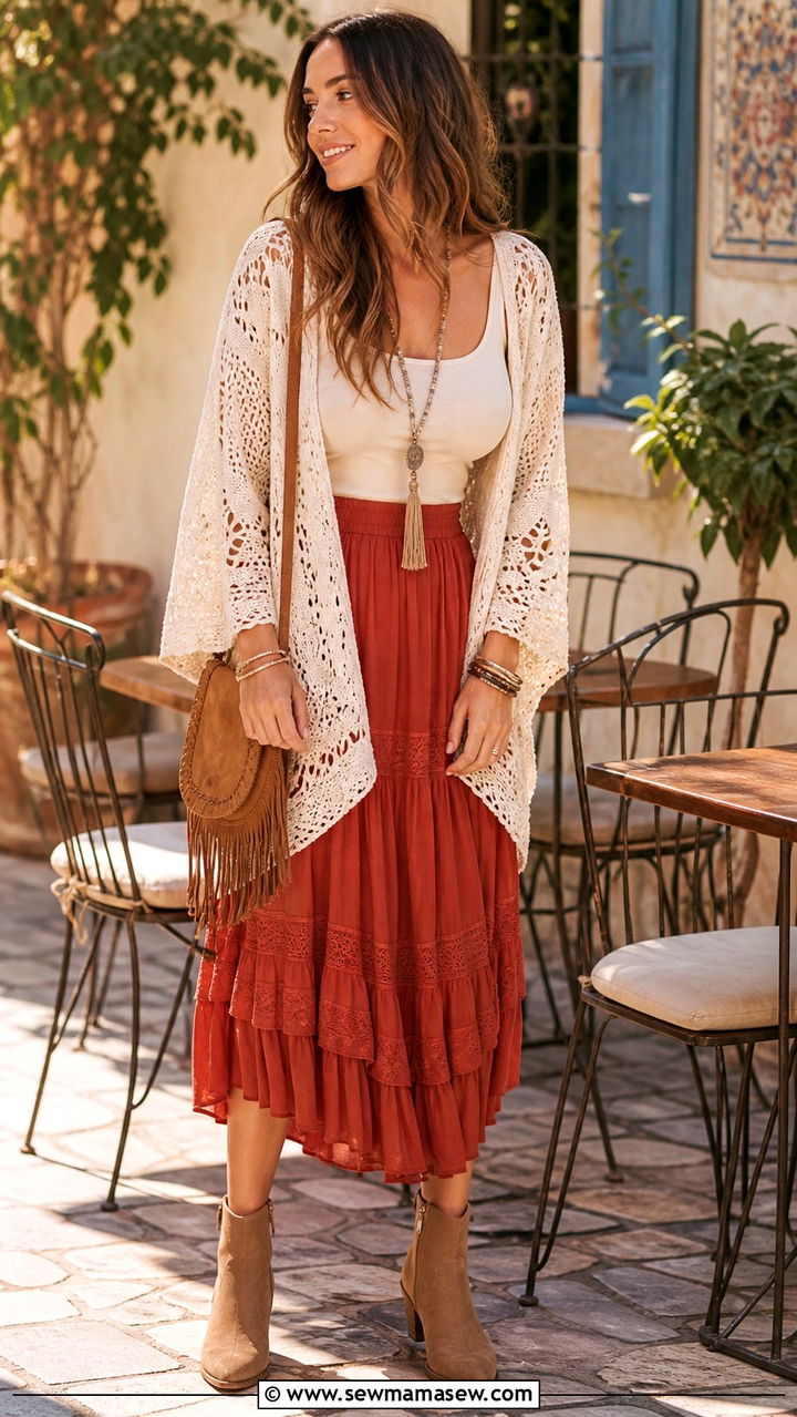 Crochet Cardigan with Tiered Midi Skirt - 40 Bohemian outfit ideas