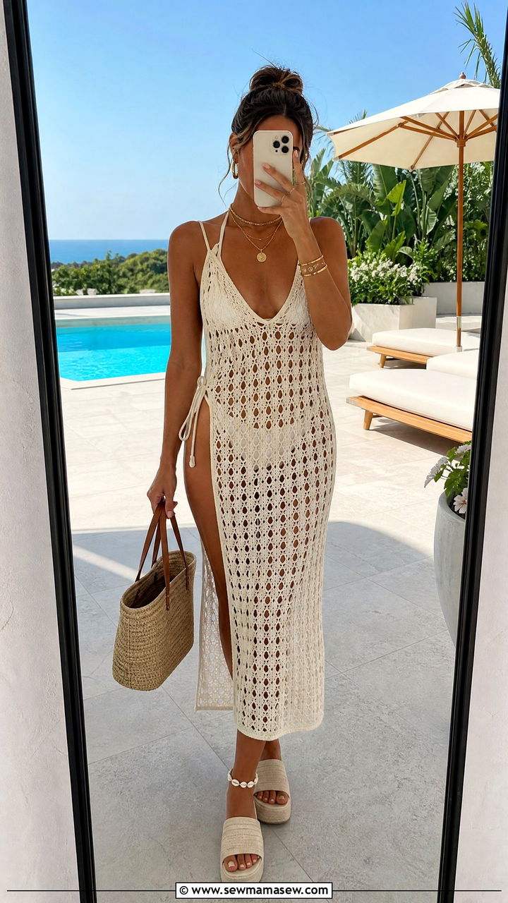 Crochet Cover Up Dress Over Bikini With Chunky Slides - 30 Summer pool day outfit ideas