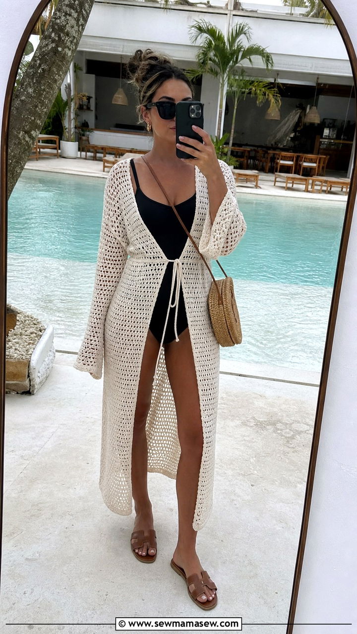 Crochet Cover Up Over a Black Swimsuit Coastal Look - 40 summer coastal outfit ideas