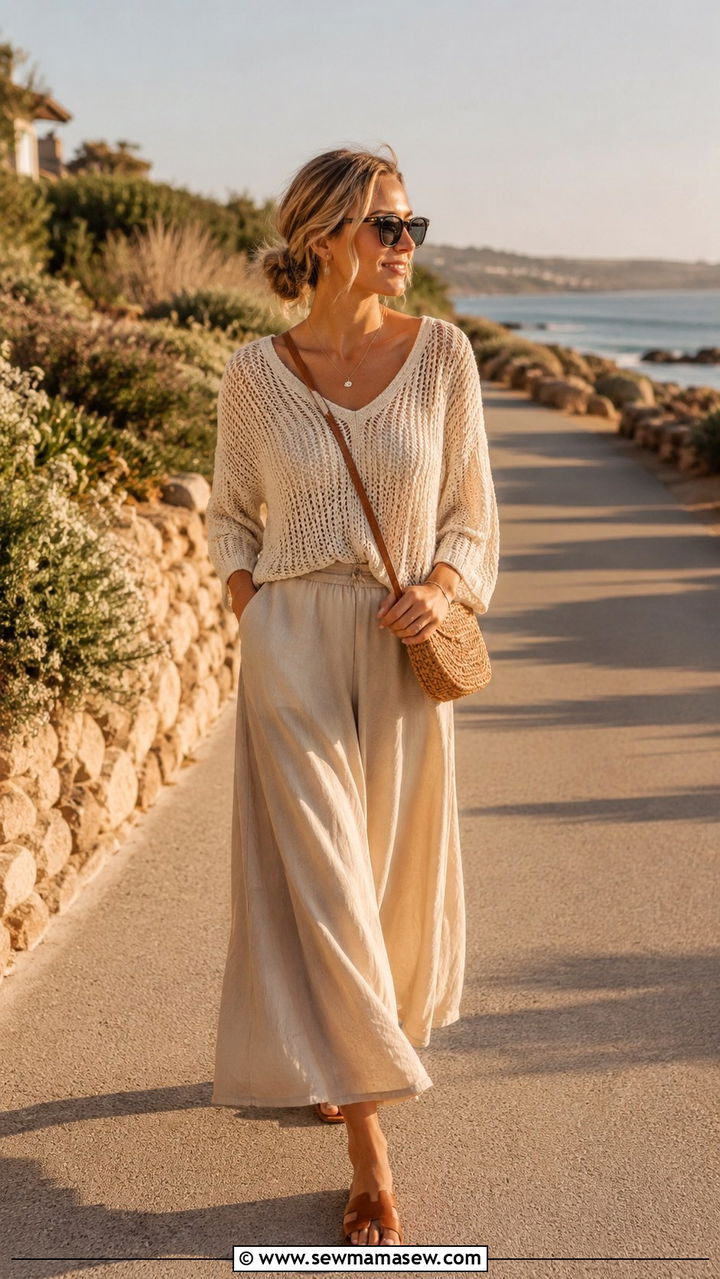 Crochet Cream Sweater With Flowy Maxi Skirt - 20 Spring coastal grandmother outfits 2026
