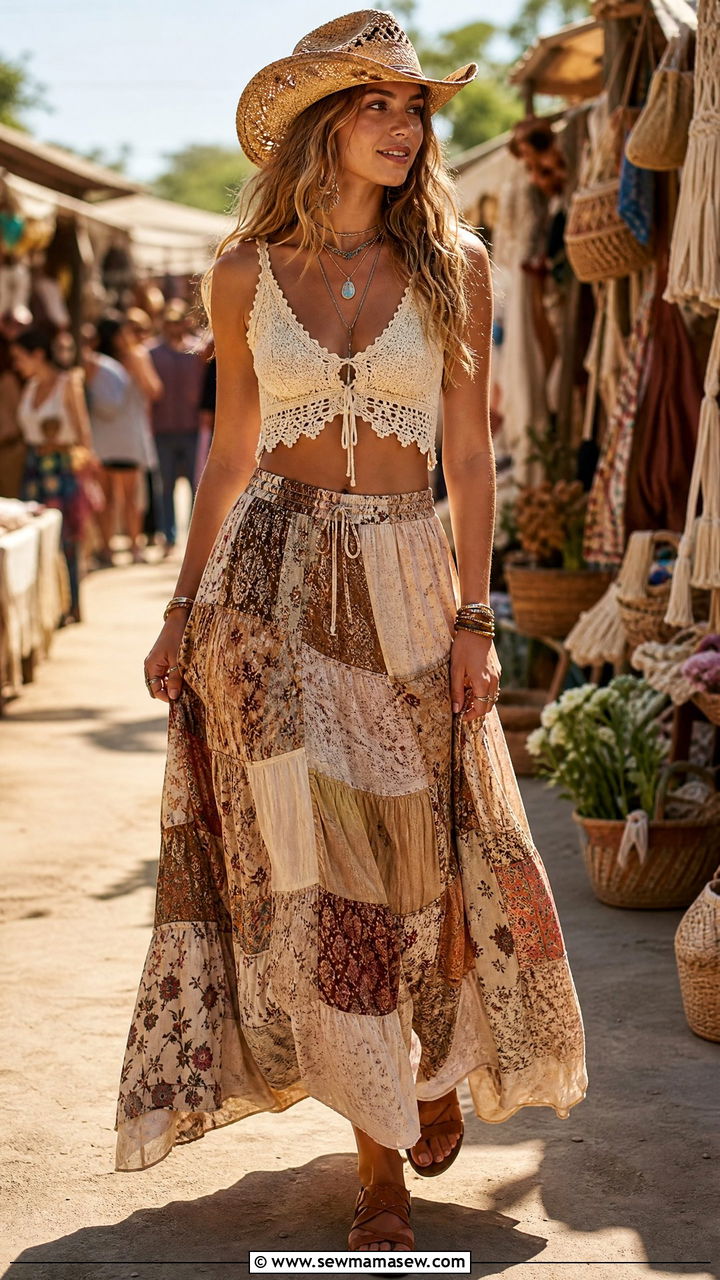 Crochet Crop Top And Patchwork Maxi Skirt Hippie Western - 40 summer western outfits