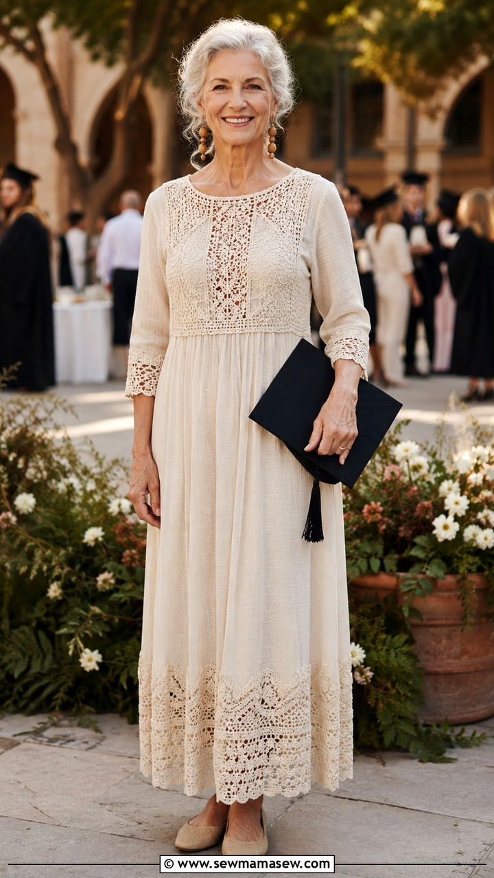 Crochet Detail Dress with Neutral Flats - 30 Graduation outfits for women over 60