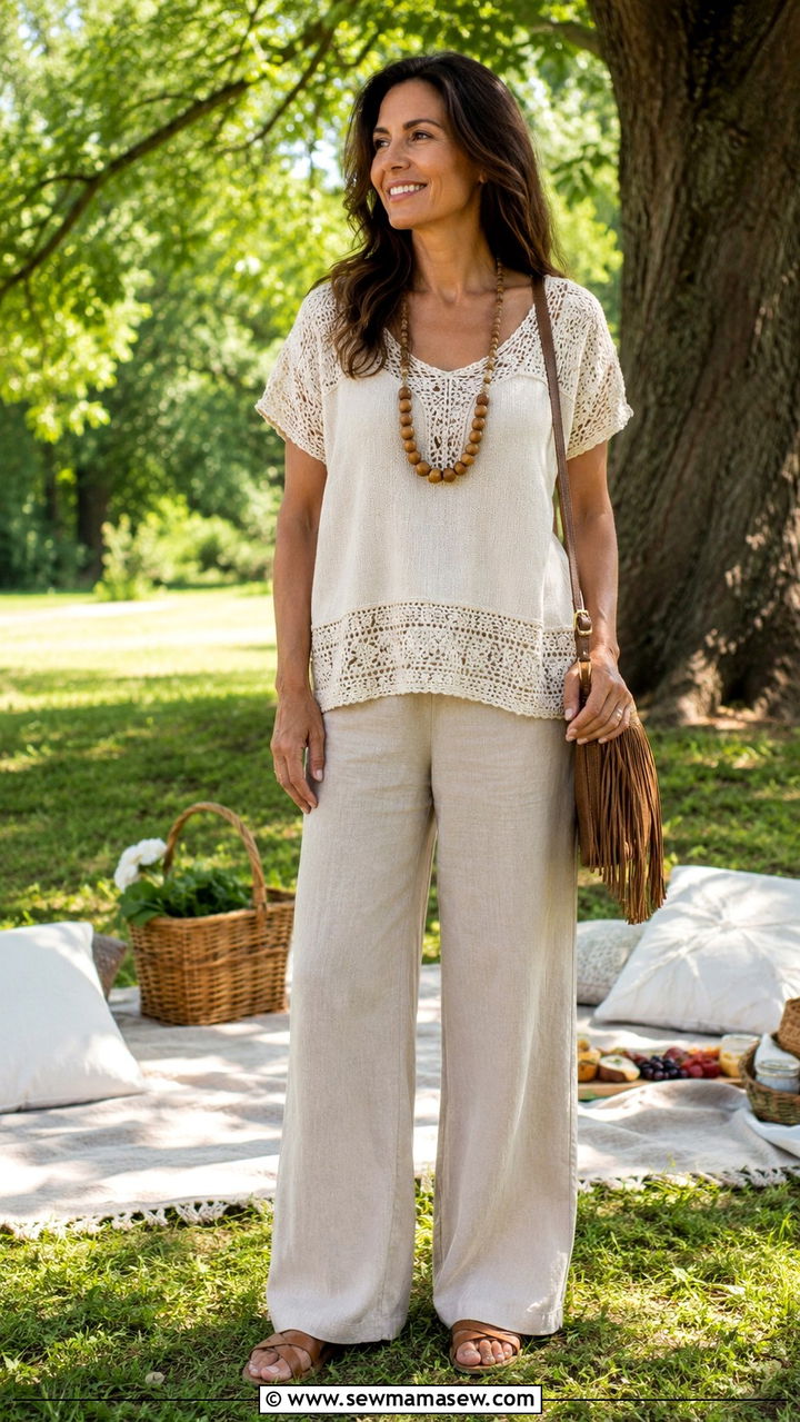 Crochet Detail Top And Linen Pants Picnic Look - 30 Picnic outfits for women over 40