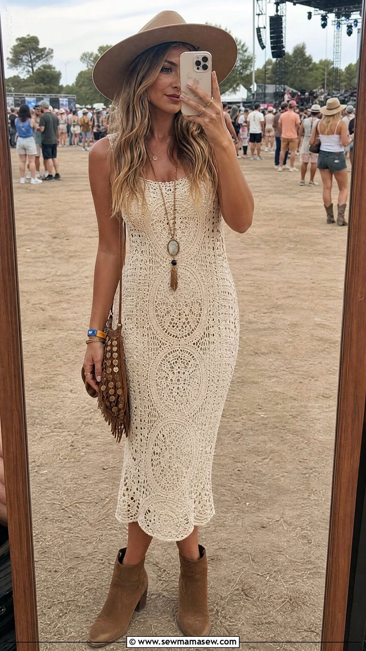 Crochet Dress With Ankle Boots - 30 classy summer concert outfit ideas
